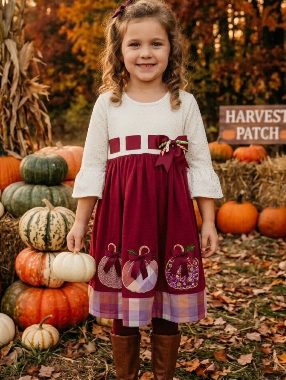 Bonnie Jean Burgundy & Cream Pumpkin Applique Dress, S-18mons, 4T, 5, NWT